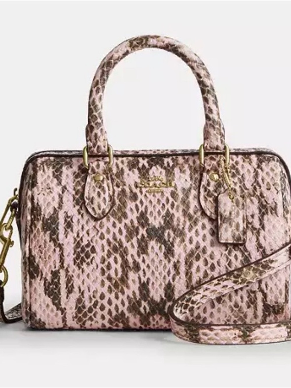 Coach Pink Snake-Print Satchel with Gold Hardware